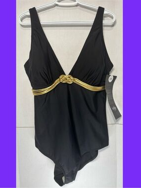 Fantasizer Black One-Piece Swimsuit with Gold Braid Accent Sewn-in Bra Pads